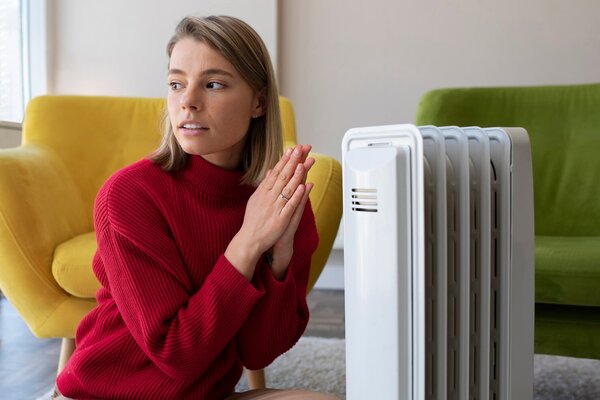 Žena v červeném svetru se zahřívá u elektrického topení v útulném obývacím pokoji.